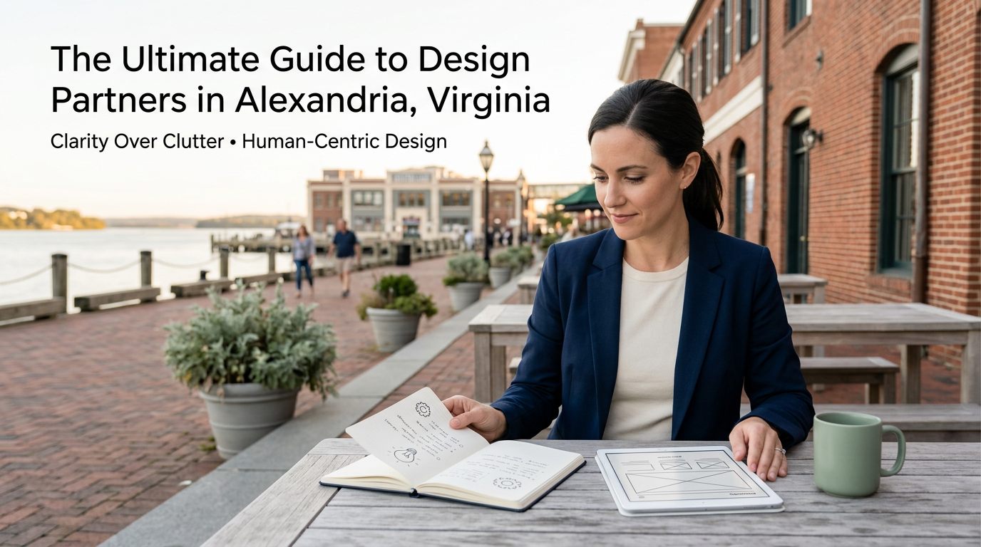 Creative director reviewing design wireframes and notes at the Alexandria, Virginia waterfront