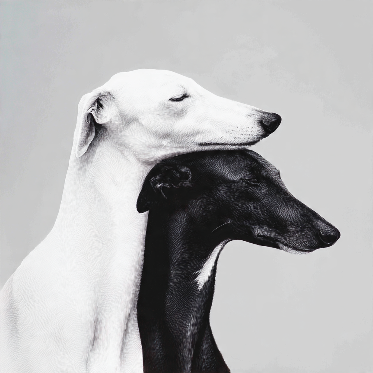 Two whippets, one black and one white with necks intertwined, symbolizing balance, clarity, and the true meaning of simplicity in brand design - Simplicity Design Agency