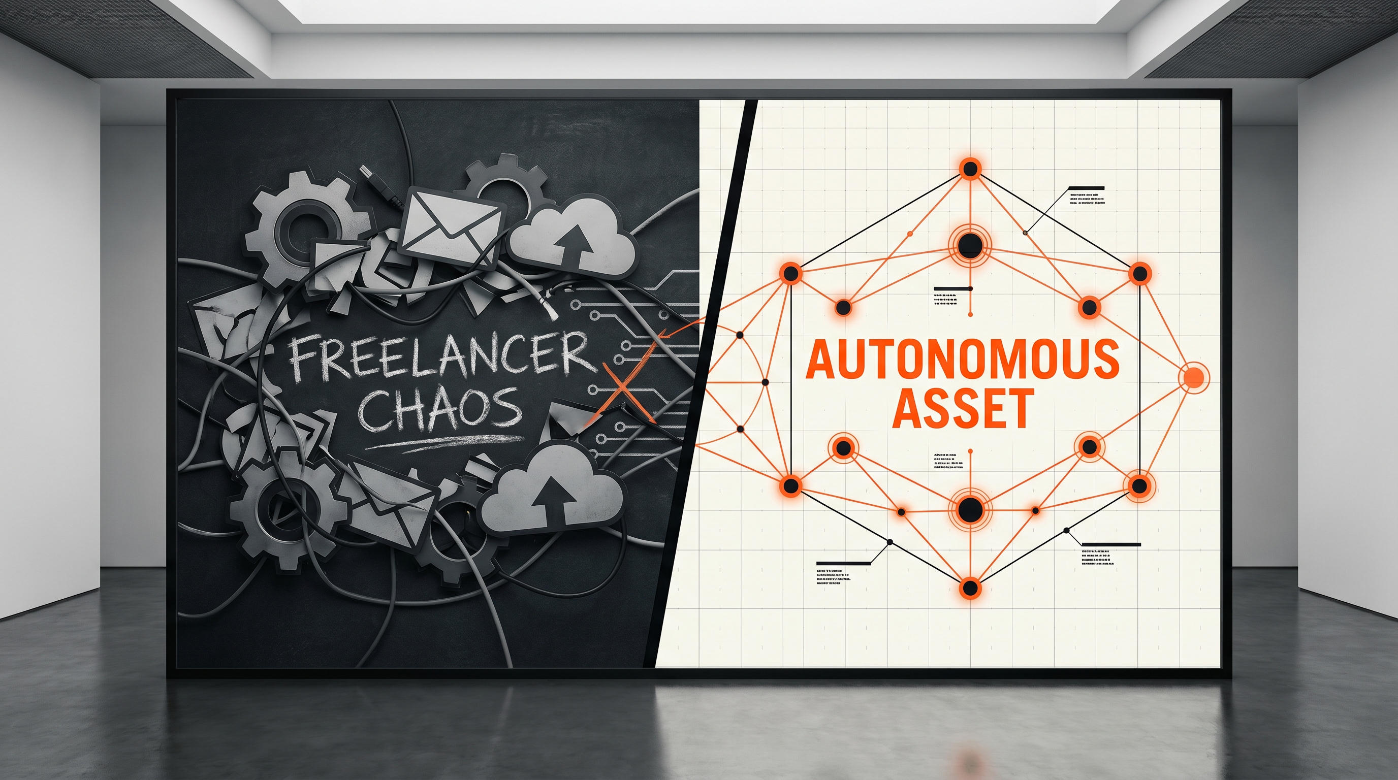 A hyperrealistic split graphic comparing a cluttered 'Freelancer Chaos' digital web of generic icons transforming into a precise, efficient system of interconnected nodes labeled 'Autonomous Asset,' 'System,' 'Filter,' 'Action,' and 'ROI' on a minimalist, grid-based website in Alexandria, Virginia.